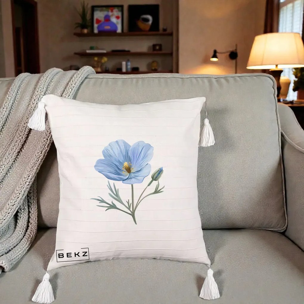 Perna Decorativa Mac Albastru Acuarela, 40x40 cm, Bej cu Franjuri, Husa Detasabila, Perna Inclusa, BEKZ®