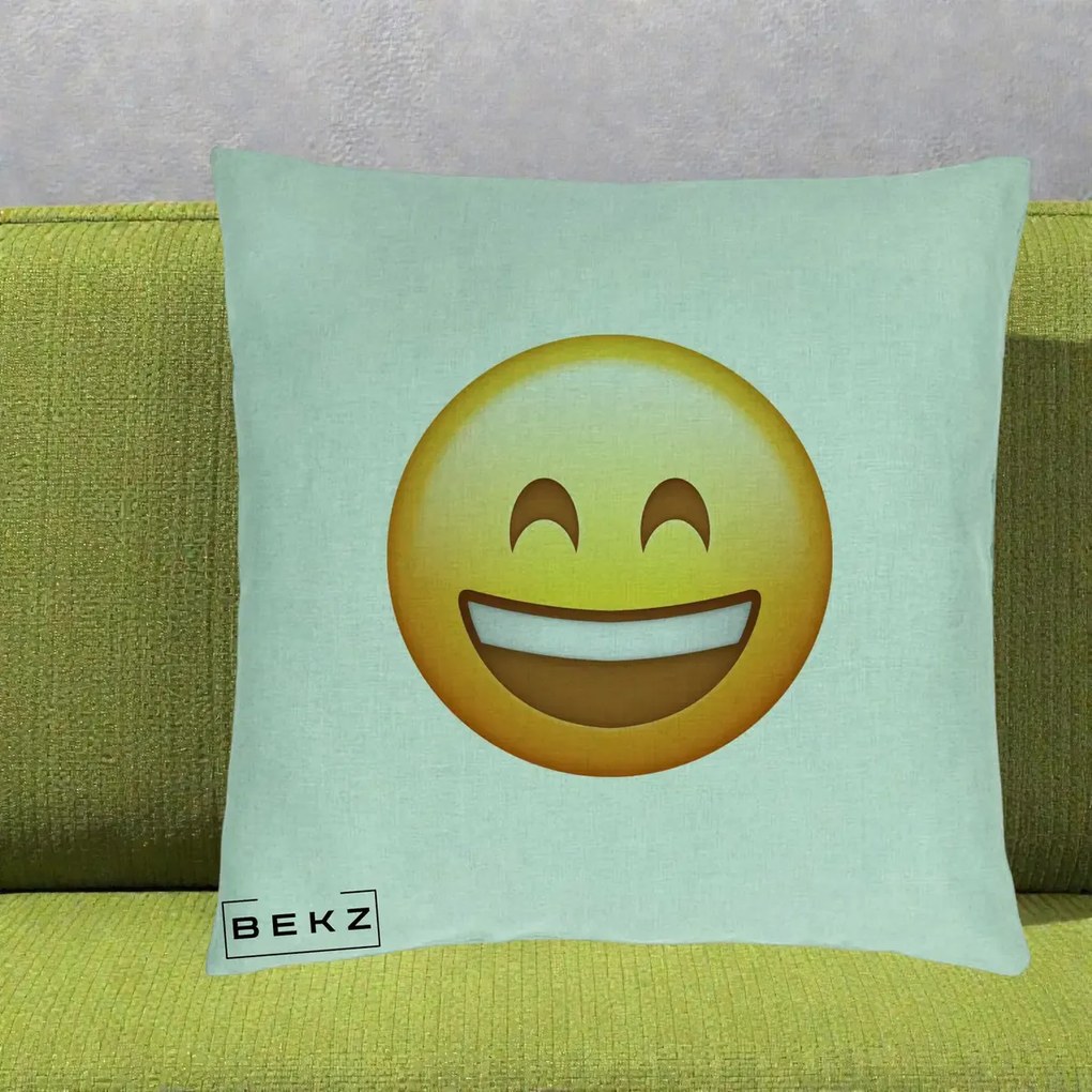 Perna Decorativa Emoji Zambet Mare, 40x40 cm, Verde Menta, Husa Detasabila, Perna Inclusa, BEKZ®