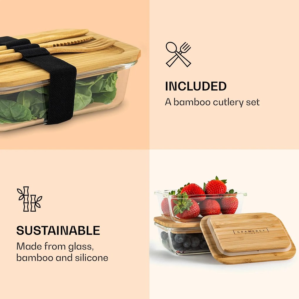 Set de 4 caserole pentru alimente proaspete, sticlă borosilicată, capace din bambus, stivuibile, 4 dimensiuni