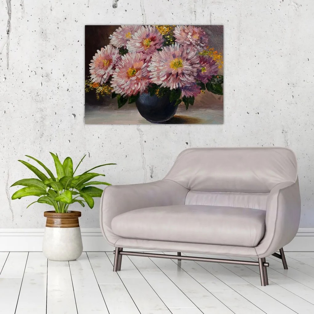 Tablou pe sticlă - Pictură în ulei, flori în vază (70x50 cm)