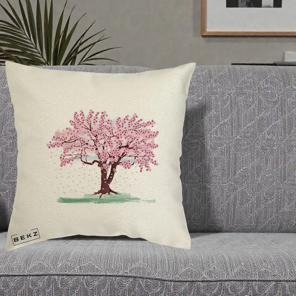 Perna Decorativa Cires Inflorit Acuarela, 40x40 cm, Ecru, Husa Detasabila, Perna Inclusa, BEKZ®