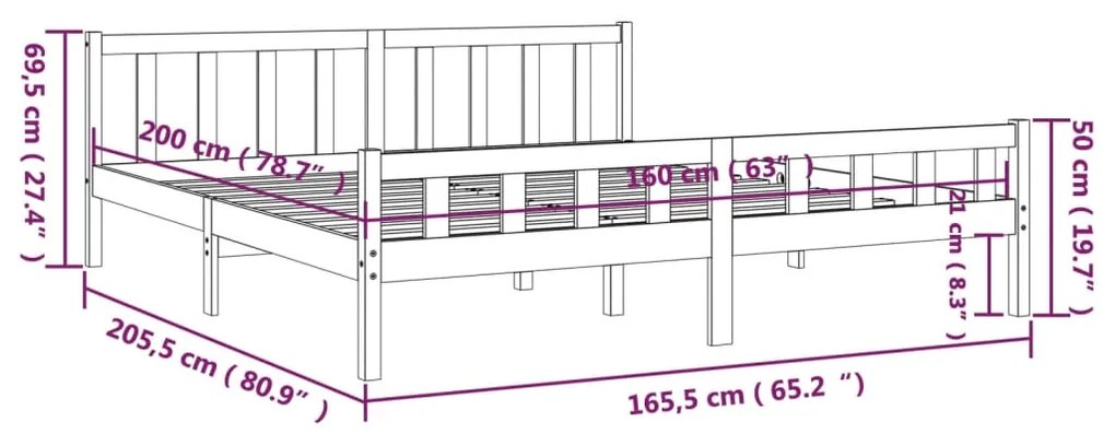 Cadru de pat, negru, 160x200 cm, lemn masiv Negru, 160 x 200 cm