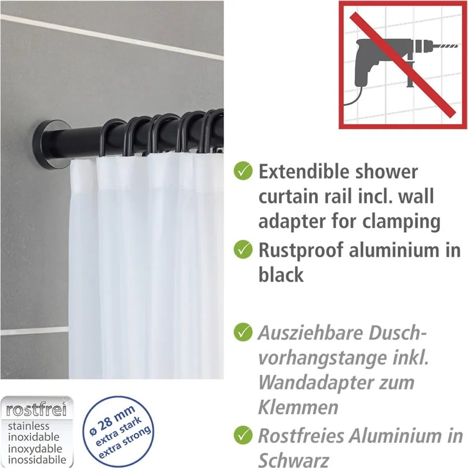 Tijă telescopică pentru baie Wenko Luz, lungime 70-115 cm, negru