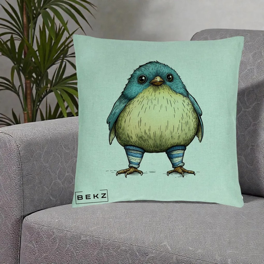 Perna Decorativa Pasare Albastra cu Sosete Albastre, 40x40 cm, Verde Menta, Husa Detasabila, Perna Inclusa, BEKZ®