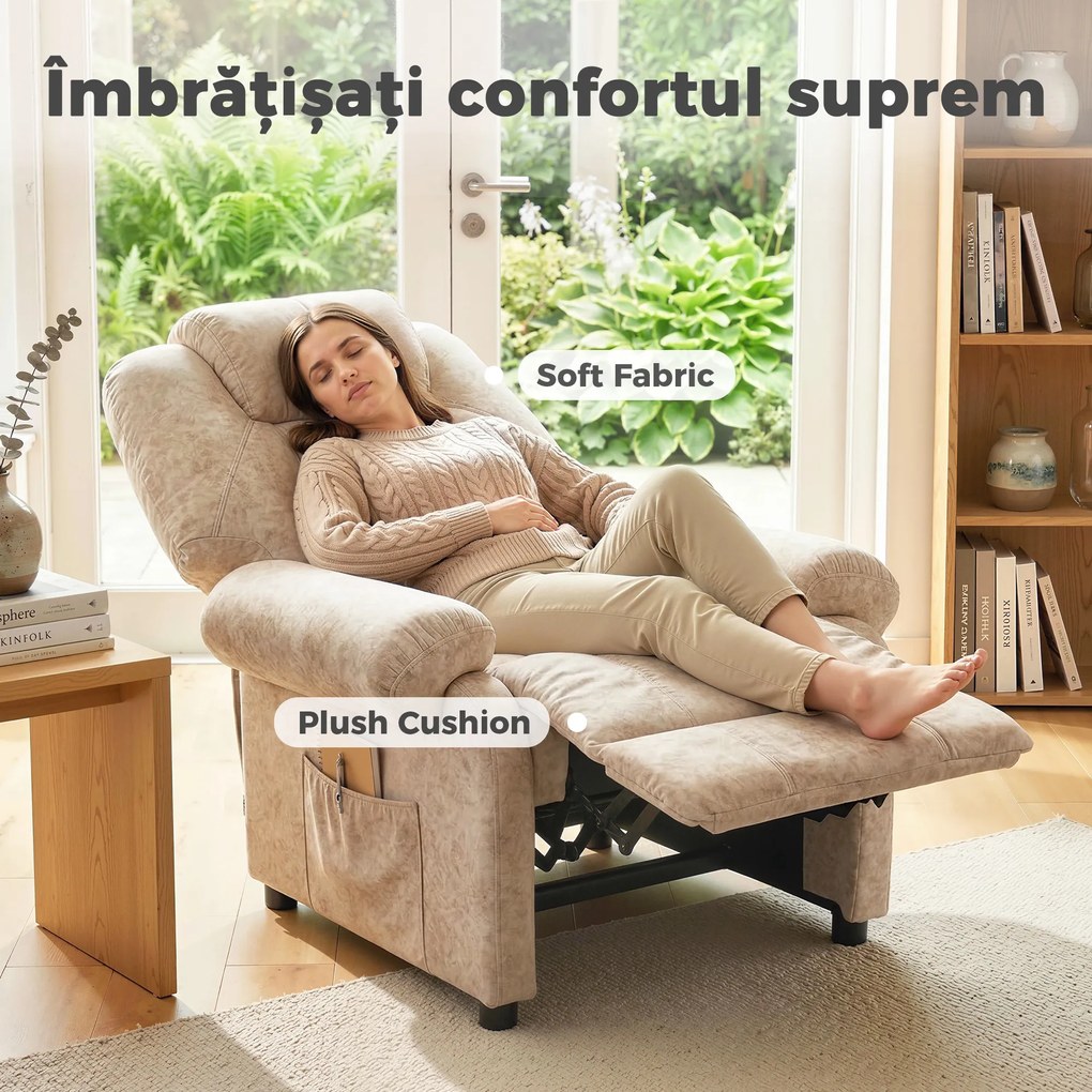 HOMCOM Fotoliu cu Înclinare Manuală Tapițat cu Suport Retractabil pentru Picioare și Buzunare Laterale, 88x91x108 cm, Bej | Aosom Romania