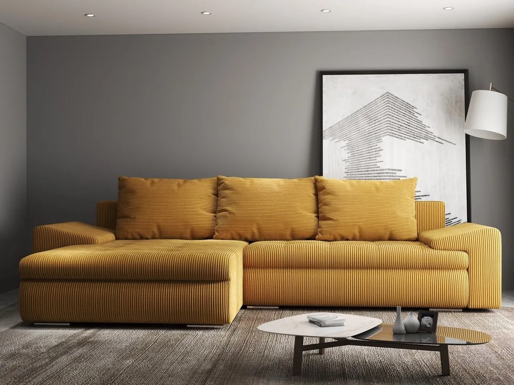 Colțar extensibil dumonde cu ladă de depozitare si sezut confortabil din spuma high-density, Leonardo Zoom Mustar 260x185 cm