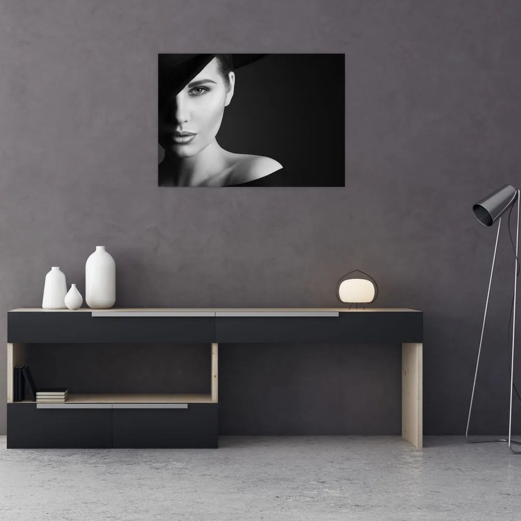 Tablou pe sticlă - Portretul femeii cu pălărie (70x50 cm)