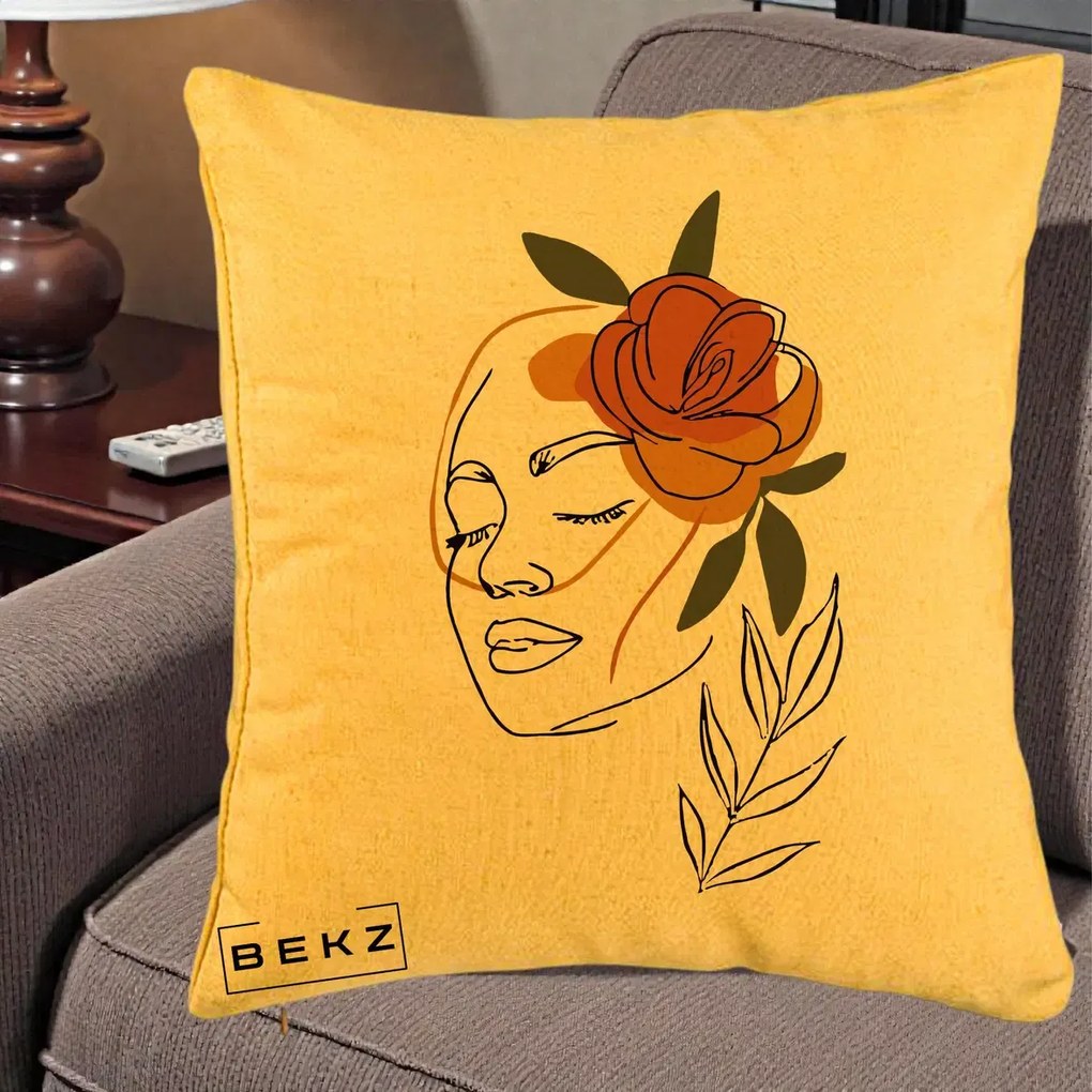 Perna Decorativa Portret Feminin Trandafir Ruginiu, 40x40 cm, Galben, Husa Detasabila, Perna Inclusa, BEKZ®