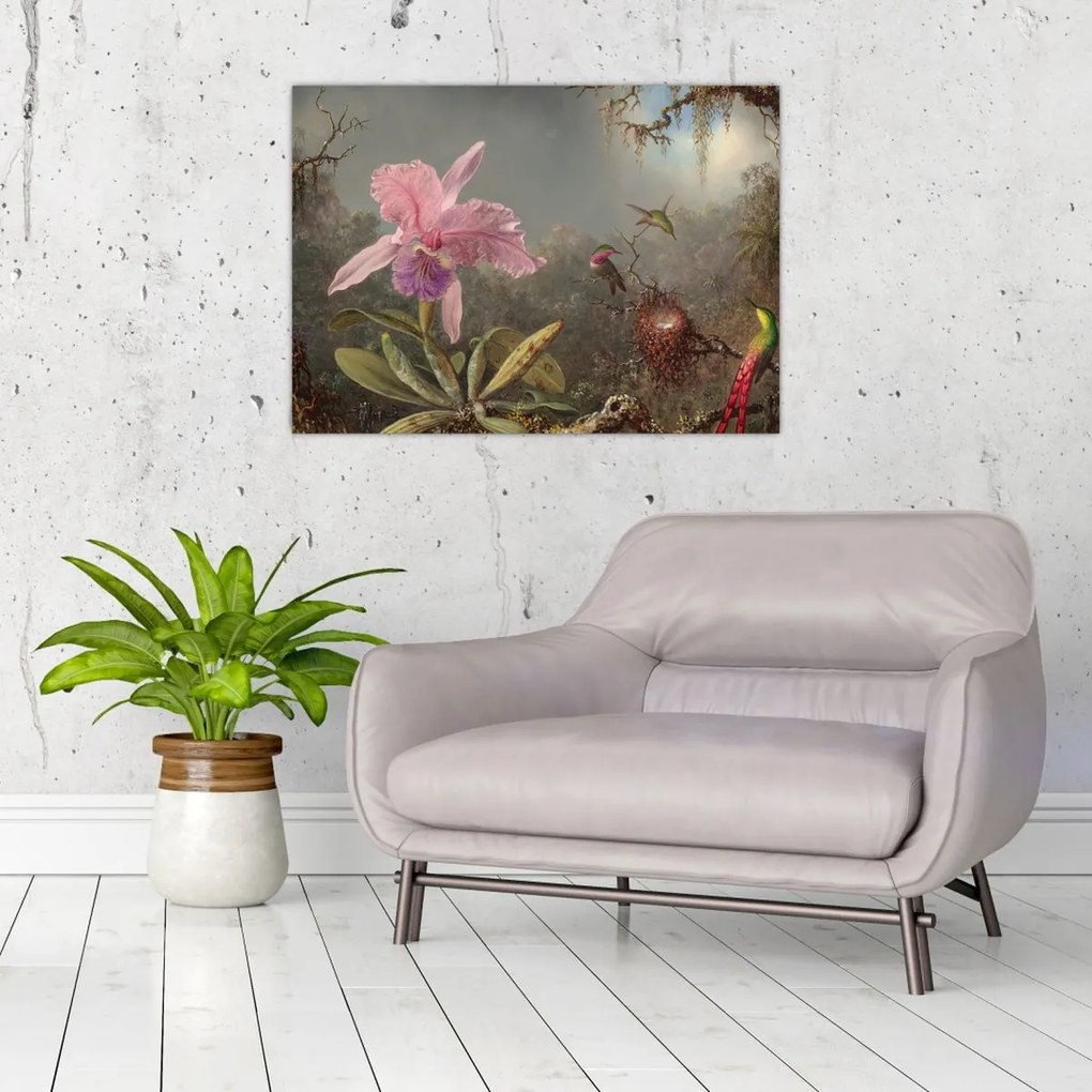 Tablou pe sticlă - Martin Johnson Heade, Cattleya Orchid and Three Hummingbirds, reproducere (70x50 cm)