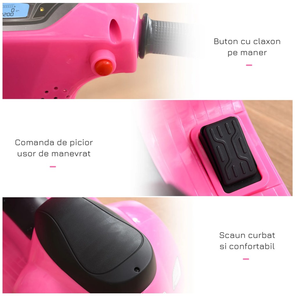 HOMCOM Motocicletă Electrică pentru Copii cu Baterie 6V, Faruri și Claxon Motocicletă pentru Copii de 18-36 luni, 66.5x38x52 cm, Roz  | Aosom Romania