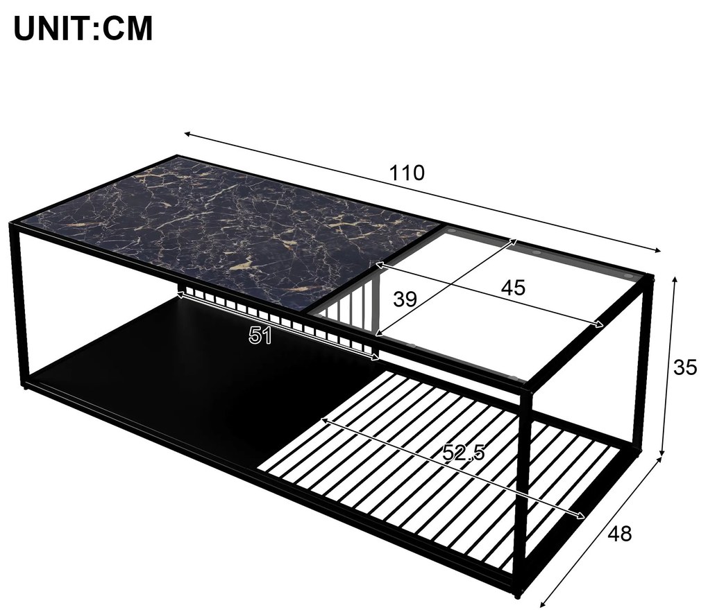 Masă de cafea cu sticlă călită, pentru spațiu de depozitare generos, 110x48x35 cm, Negru