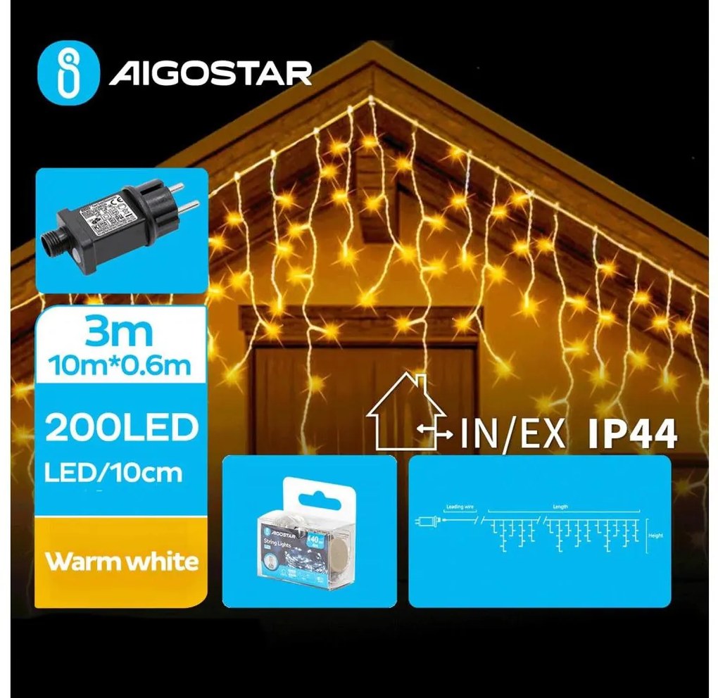 Instalație LED de Crăciun de exterior Aigostar 200xLED/8 funcții 13x0,6m IP44 alb cald