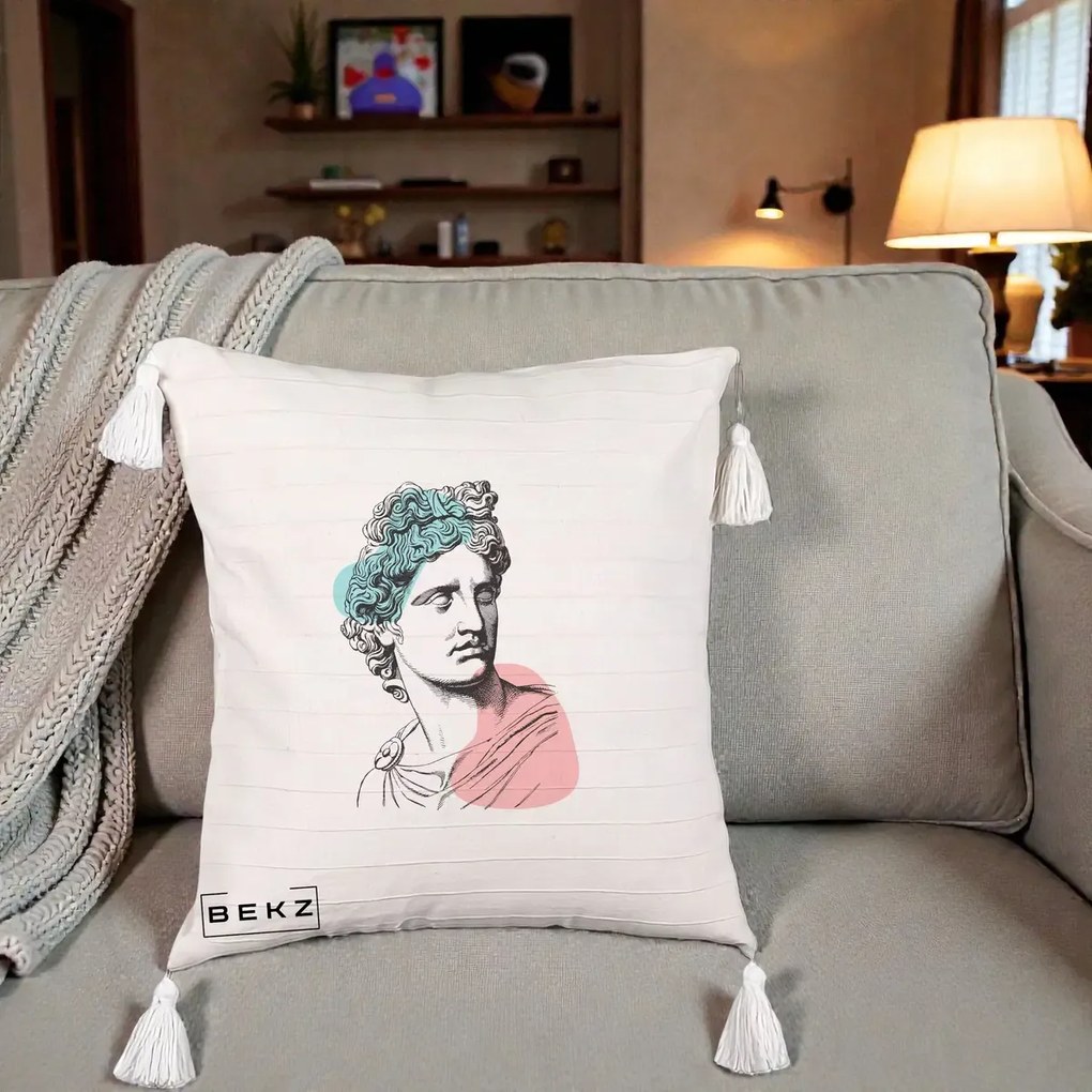 Perna Decorativa Bust Grec Vaporwave, 40x40 cm, Bej cu Franjuri, Husa Detasabila, Perna Inclusa, BEKZ®