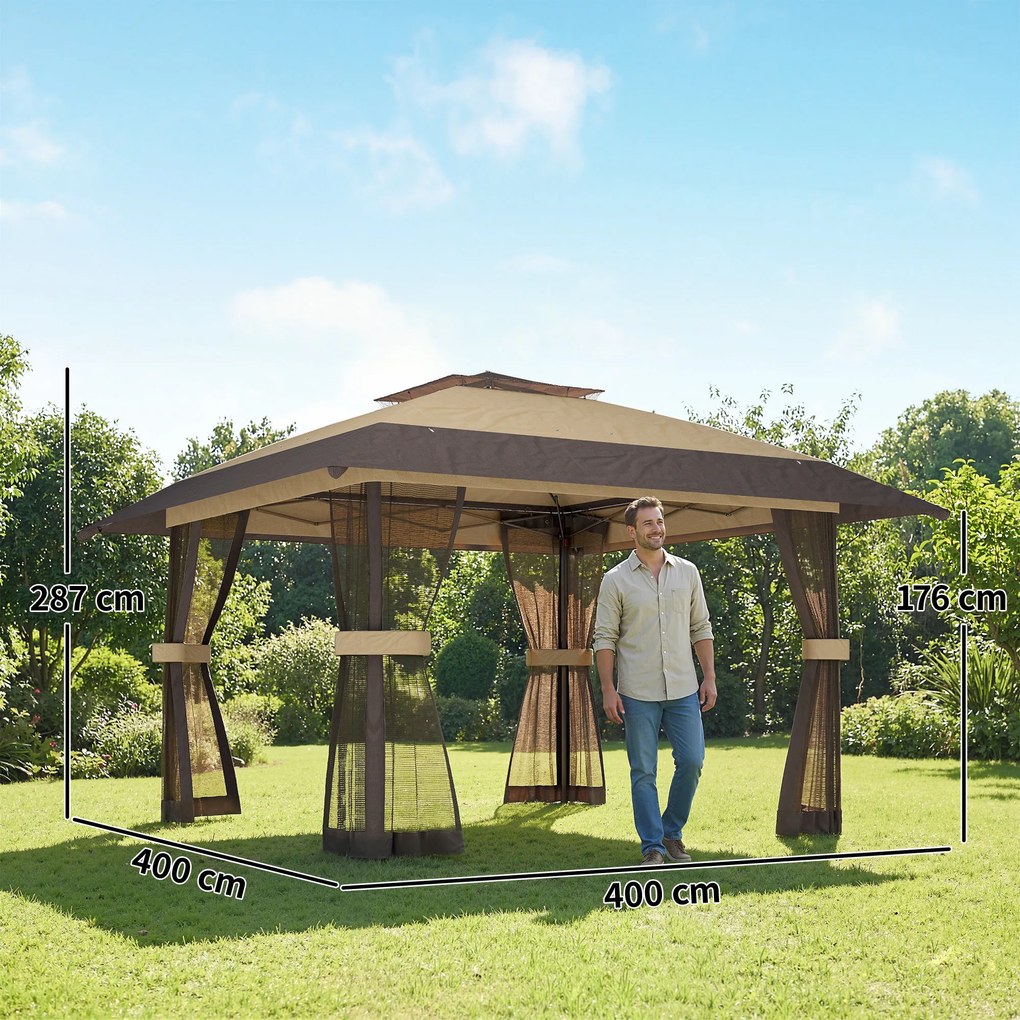 Outsunny Pavilion Pliabil Pavilion de Grădină Pop Up cu Plase de Țânțari, 4x4 m, Kaki | Aosom Romania