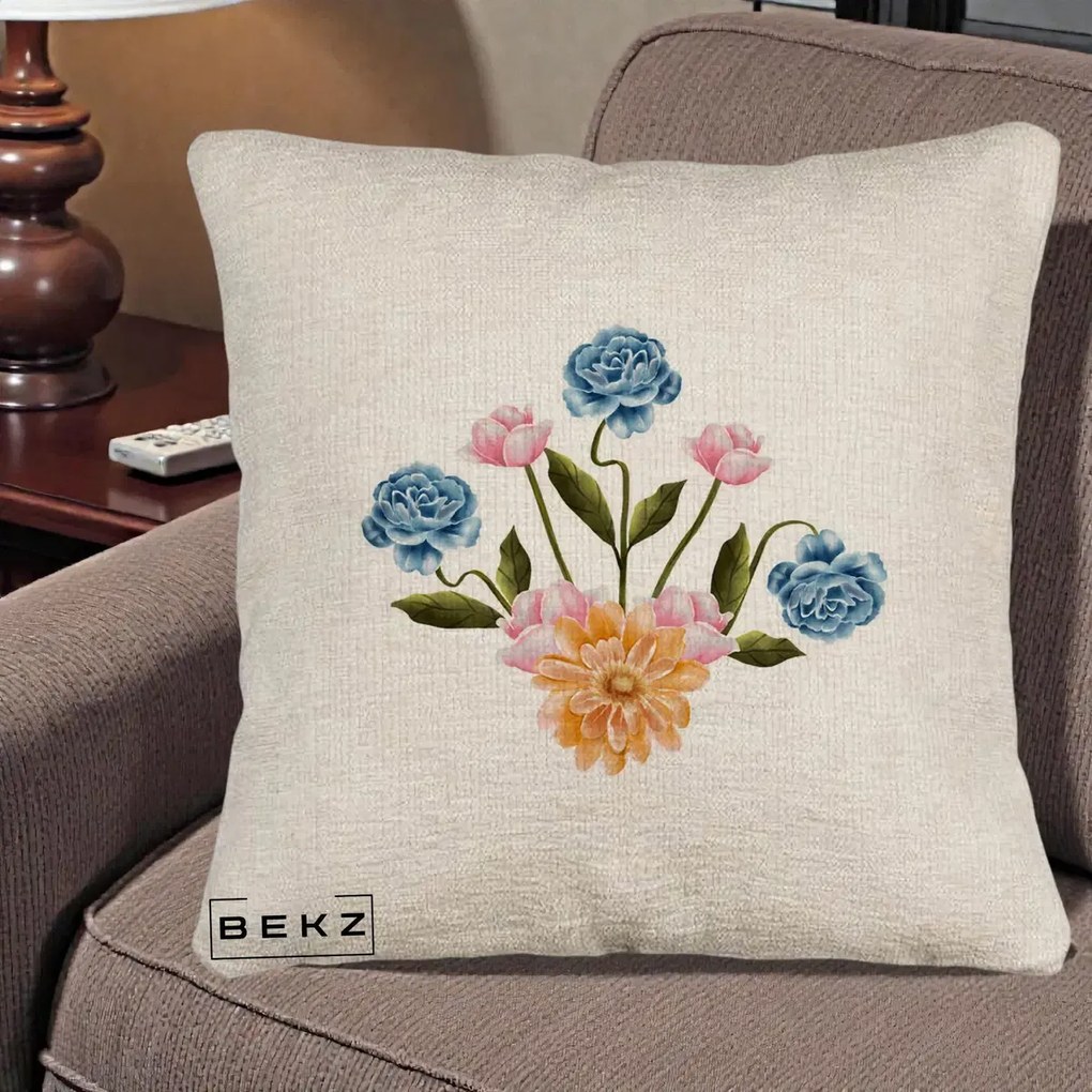 Perna Decorativa Buchet Primavara Acuarela, 40x40 cm, Bej Canapea, Husa Detasabila, Perna Inclusa, BEKZ®
