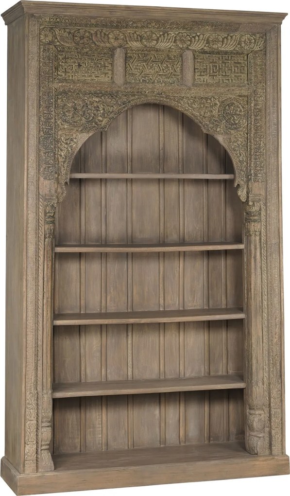 Bibliotecă sculptată din lemn masiv de teak, finisaj natural antichizat, 4 rafturi deschise, piesă unicat, 168×56×272 cm, „Dharma"