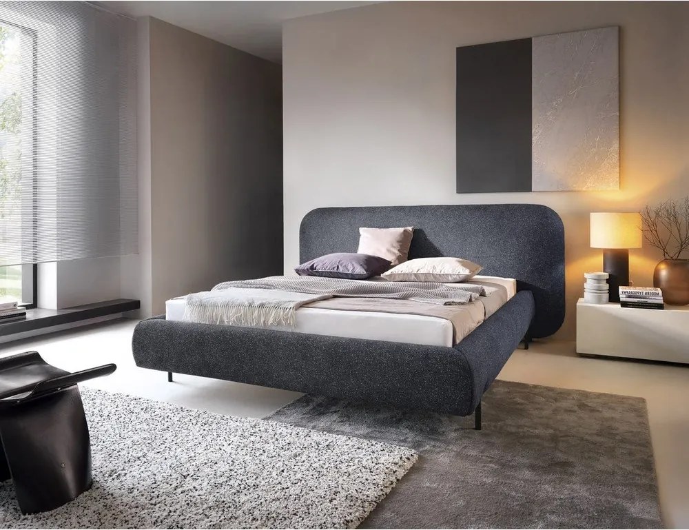 Pat matrimonial albastru tapițat cu spațiu de depozitare cu somieră 180x200 cm Pointt – ELTAP