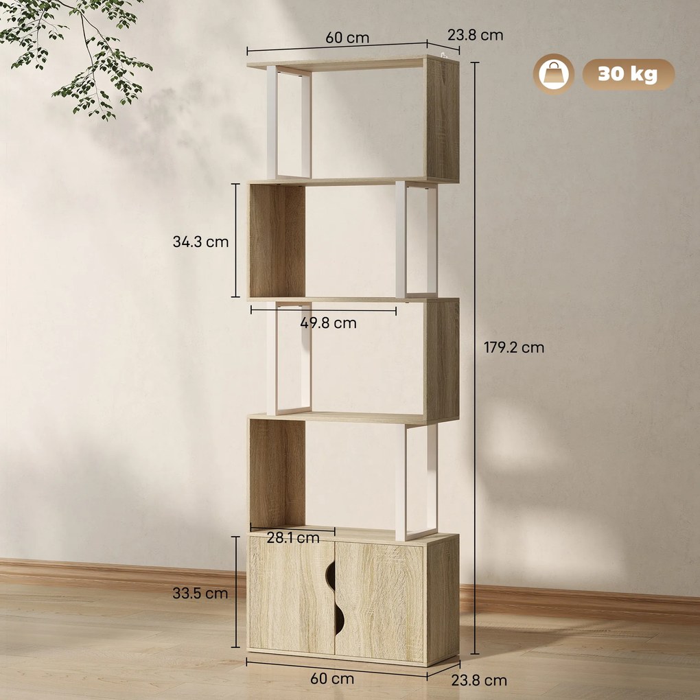 HOMCOM Bibliotecă cu 5 nivele, mobilier de depozitare cu rafturi și dulap cu dublă ușă, 60 x 23,8 x 179,2 cm, lemn natural | Aosom Romania