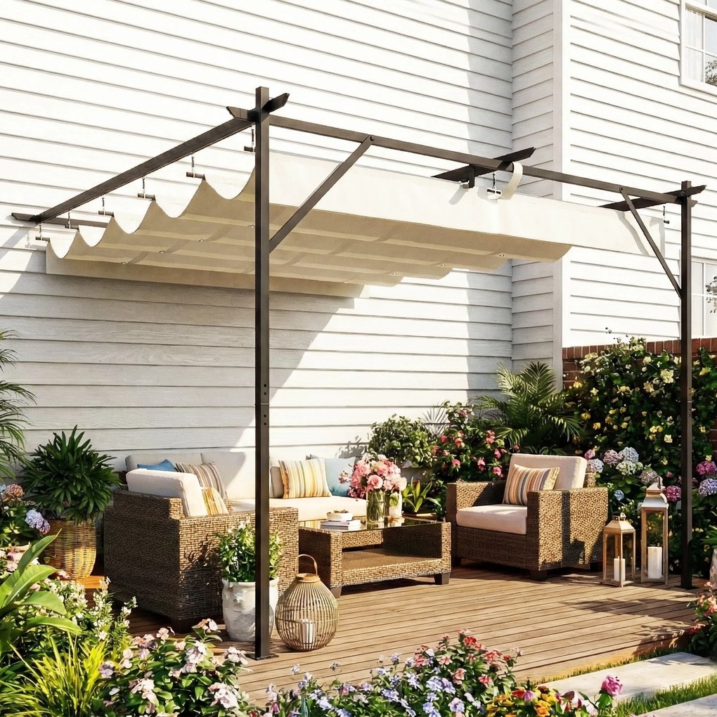 Outsunny Pergolă Adosată 3x3 m cu Acoperiș Retractabil, Orificii de Drenaj, Pergolă de Grădină din Poliester și Oțel, pentru Terasă, Exterior, UV30+, Alb Crem | Aosom Romania
