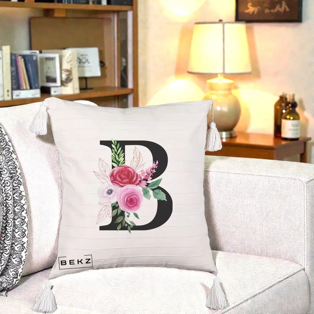 Cadou Personalizat - Perna Personalizata Monograma Florala Litera B, 40x40 cm, Bej cu Franjuri, Husa Detasabila, Perna Inclusa, BEKZ®