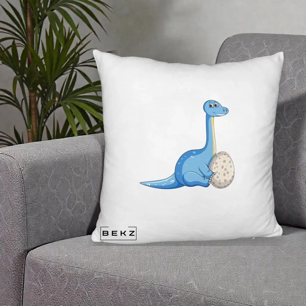 Perna Decorativa Brontosaur cu Ou, 40x40 cm, Alb Pufos, Husa Detasabila, Perna Inclusa, BEKZ®