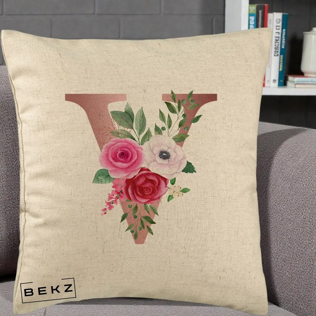 Cadou Personalizat - Perna Personalizata Monograma Rose Gold Litera V, 40x40 cm, Bej, Husa Detasabila, Perna Inclusa, BEKZ®