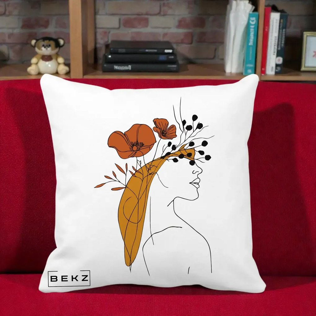 Perna Decorativa Portret Feminin Maci Rosii Auriu, 40x40 cm, Alba Mata, Husa Detasabila, Perna Inclusa, BEKZ®
