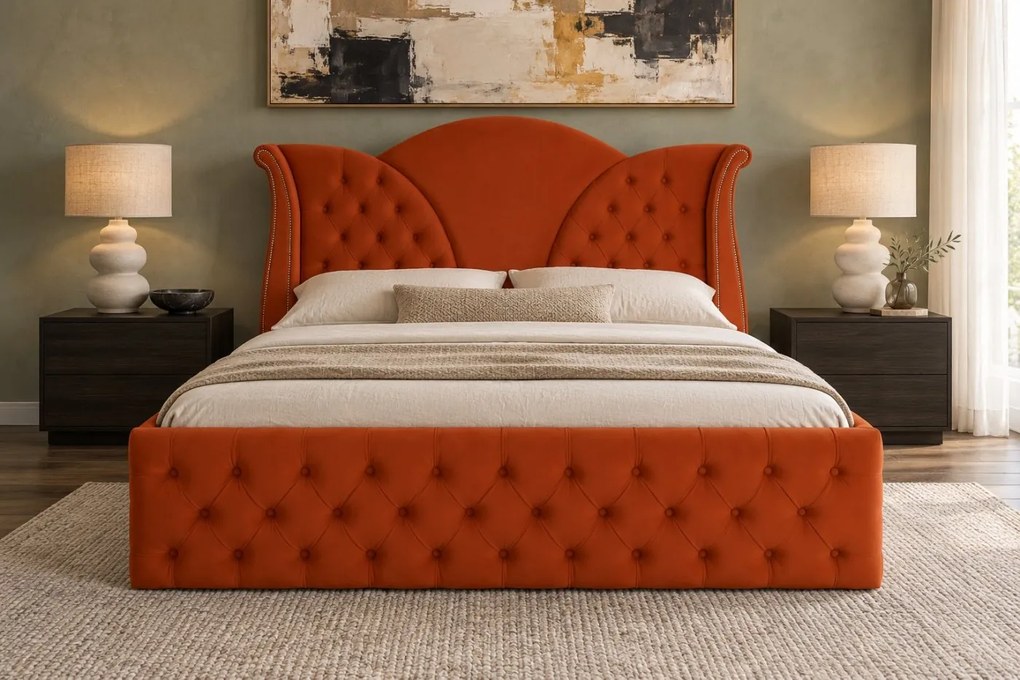 Pat tapițat Chesterfield din catifea Velora Deluxe Classic 160×200 cm, cărămiziu, cu ladă de depozitare