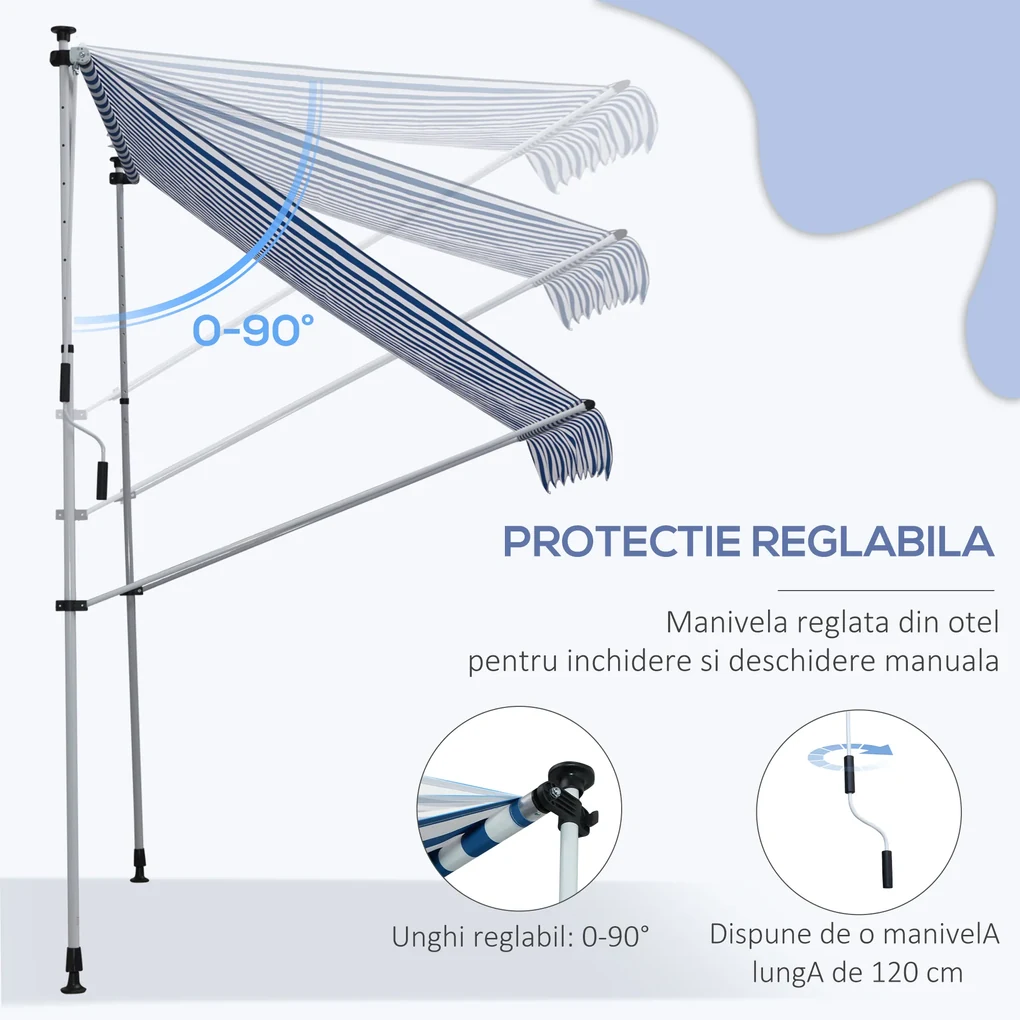 Outsunny Copertină Roll-Up pentru Exterior cu Manivelă, Cadru Telescopic și Unghi Reglabil, Albastru și Alb, 200x150cm | Aosom Romania