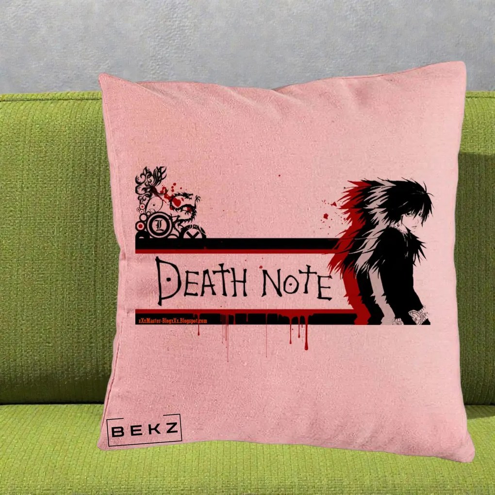 Perna Personalizata Death Note L Lawliet Rosu-Negru, 40x40 cm, Roz, Husa Detasabila, Perna Inclusa, BEKZ®