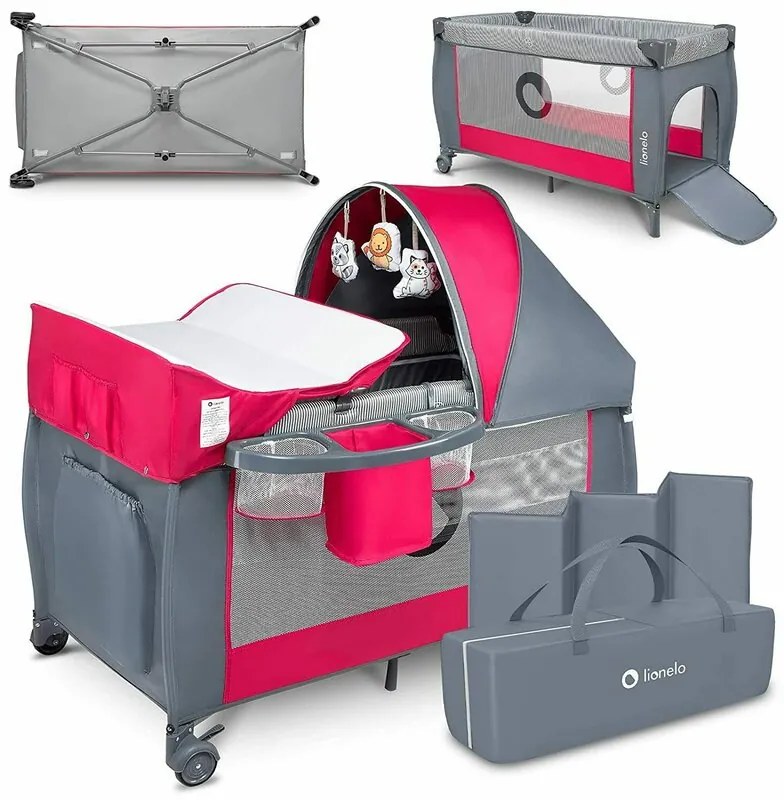 Lionelo - Patut pliant cu doua nivele Sven Plus, 120x60 cm, arcada jucarii, masuta de infasat, vibratii, melodii, Pink Rose