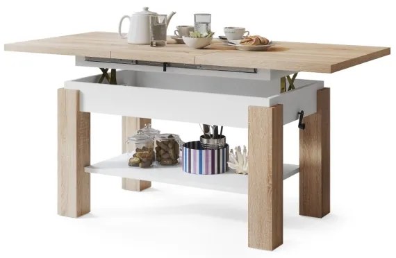 Masă extensibilă ADONIS pentru living și dining, stejar Sonoma/alb, cu poliță