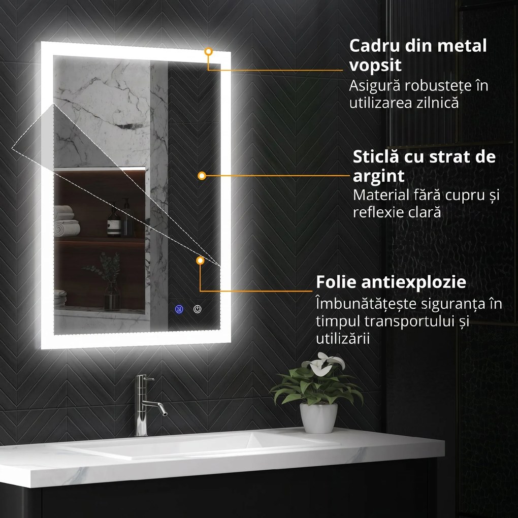 Kleankin Oglinda LED, Oglinda de Machiaj de Perete cu 3 Lumini, 800x600mm, Tactilă, Anti-Ceță, Montare Orizontală/Verticală | Aosom Romania