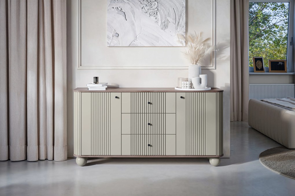 Comodă cu sertare pe picioare rotunde Vesper 160 cm - cașmir / nuc / mânere negre