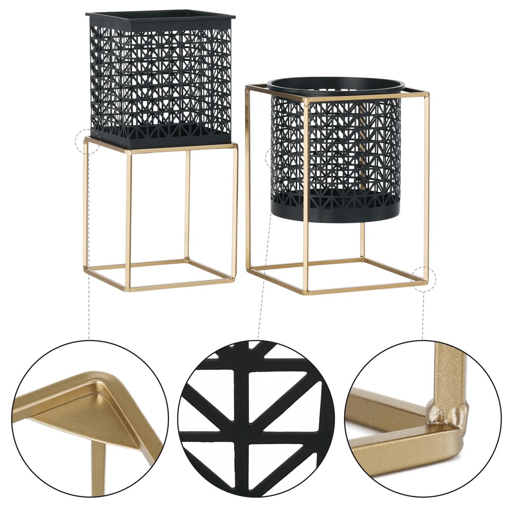Set 2 suporturi pentru ghivece, pătrat/rotund, negru/auriu, ESME SET