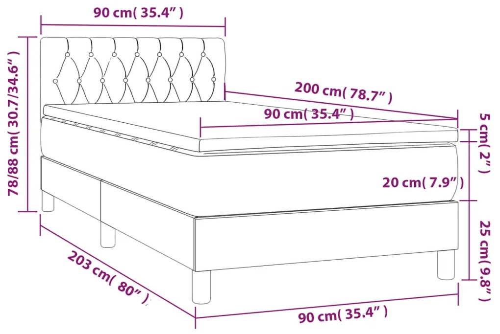 Pat box spring cu saltea, gri inchis, 90x200 cm, textil Morke gra, 90 x 200 cm, Design cu nasturi