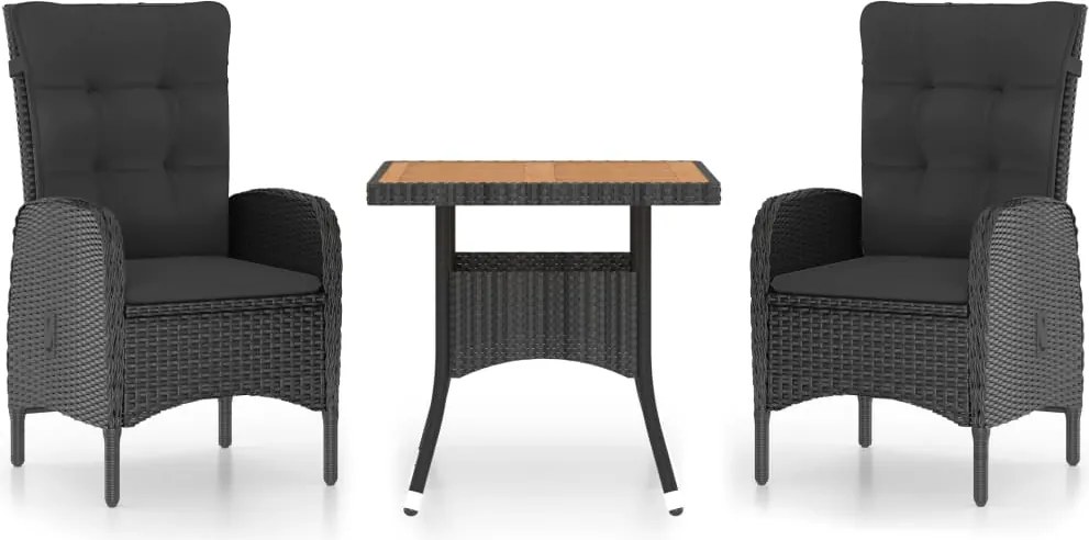 vidaXL Set mobilier grădină, 3 piese, negru, poliratan și lemn acacia