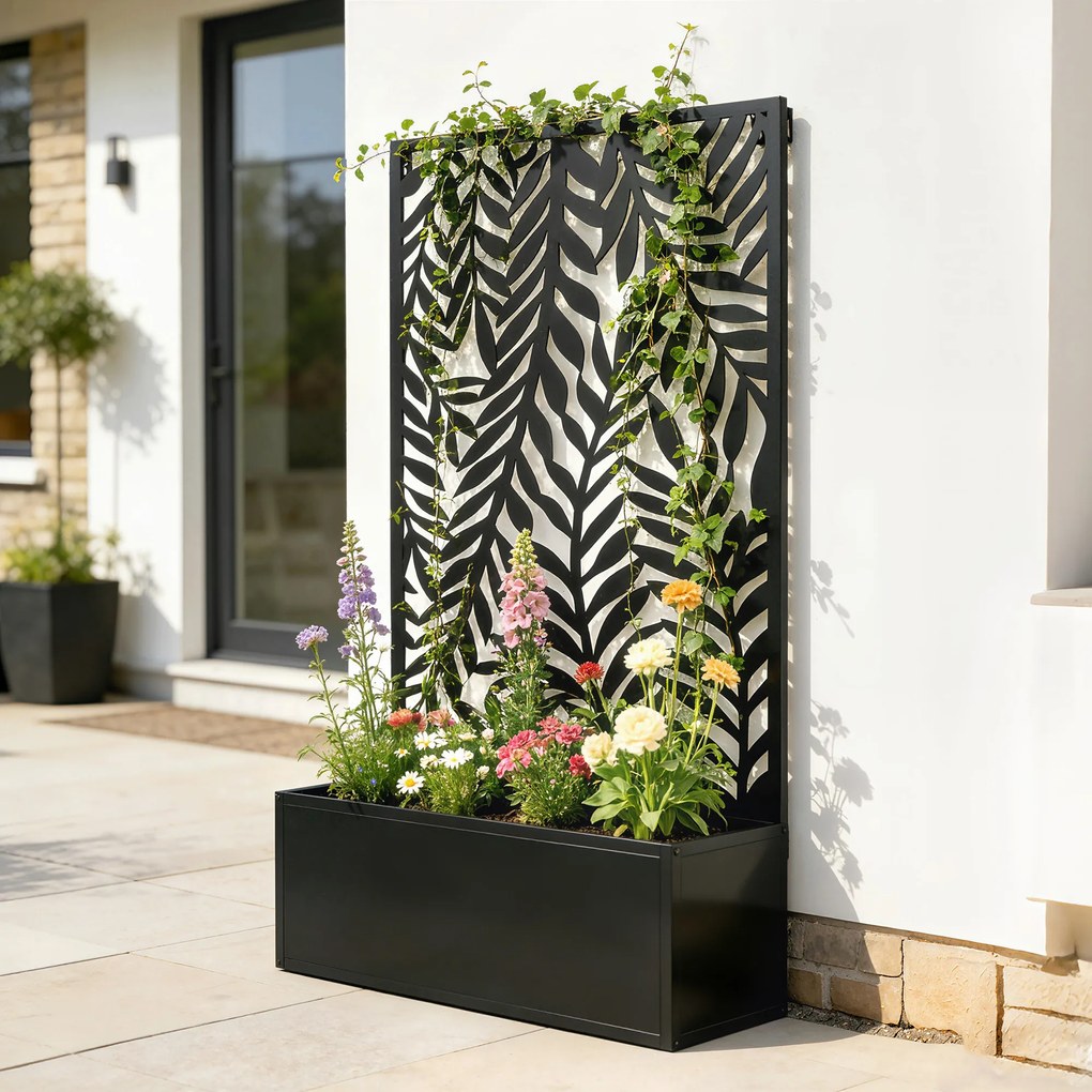 Outsunny Jardinieră cu protecție vizuală jardinieră cu spalier motive cu frunze tropicale 61 x 23 x 113 cm Negru | Aosom Romania