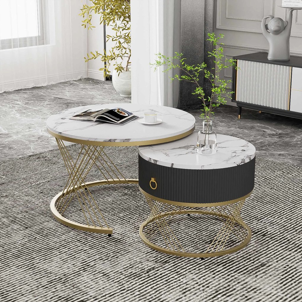 Set de 2 Măsuțe de Cafea Moderne Modulare din Marmură Sintetică cu Detalii Aurii și Sertare, Dimensiuni 70x70x45 cm și 50x50x40 cm, Alb