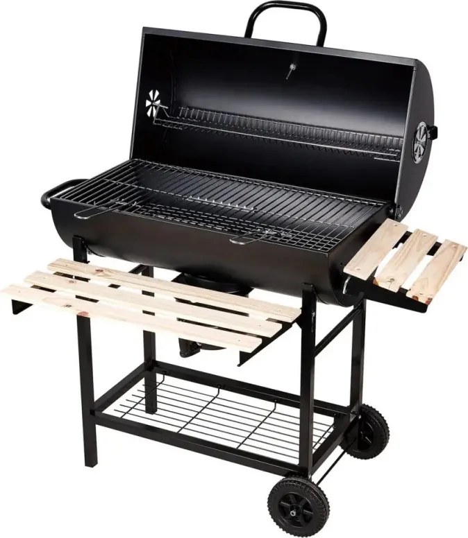 Gratar pe carbuni Klausberg KB 9033, Capac cu inchidere, Termometru, Suporturi laterale, Sertar pentru cenusa, Roti, Otel, Negru