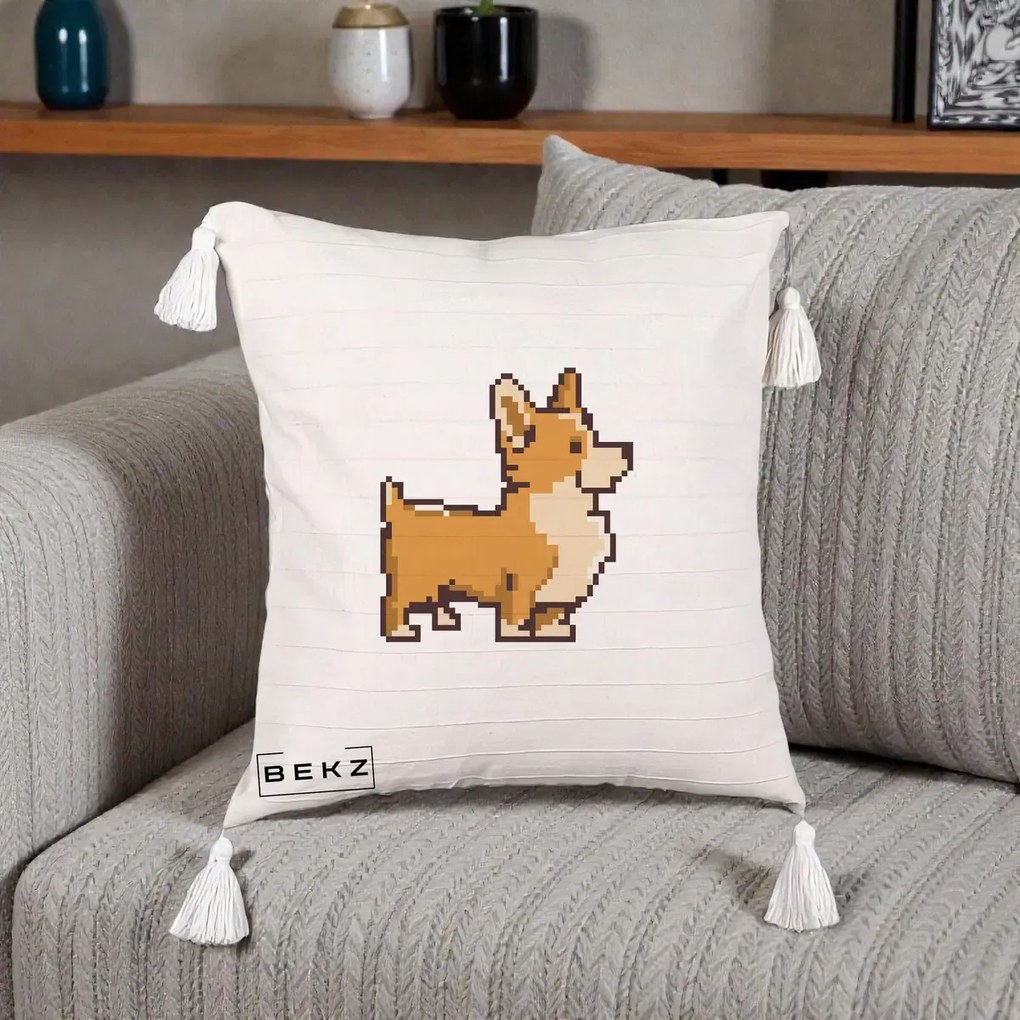 Perna Personalizata Corgi Pixel Art, 40x40 cm, Bej cu Franjuri, Husa Detasabila, Perna Inclusa, BEKZ®