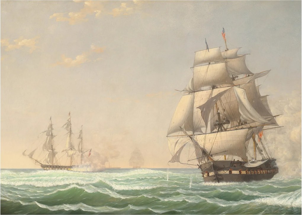 Tablou pe sticlă - Fitz Henry Lane, The United States Frigate President Engaging the British Squadron, reproducere (70x50 cm)