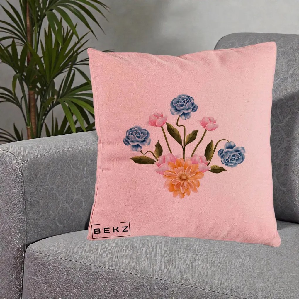 Perna Decorativa Buchet Primavara Acuarela, 40x40 cm, Roz, Husa Detasabila, Perna Inclusa, BEKZ®