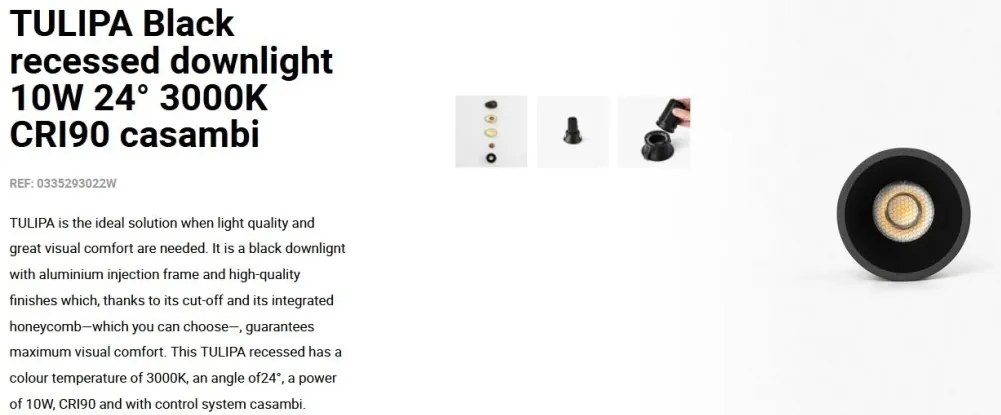 Spot LED incastrabil TULIPA Black recessed downlight 10W 24° 3000K CRI90 casambi