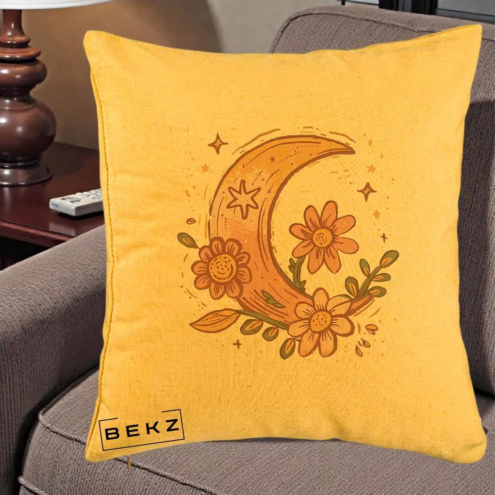 Perna Decorativa Luna Florala Boho, 40x40 cm, Galben, Husa Detasabila, Perna Inclusa, BEKZ®