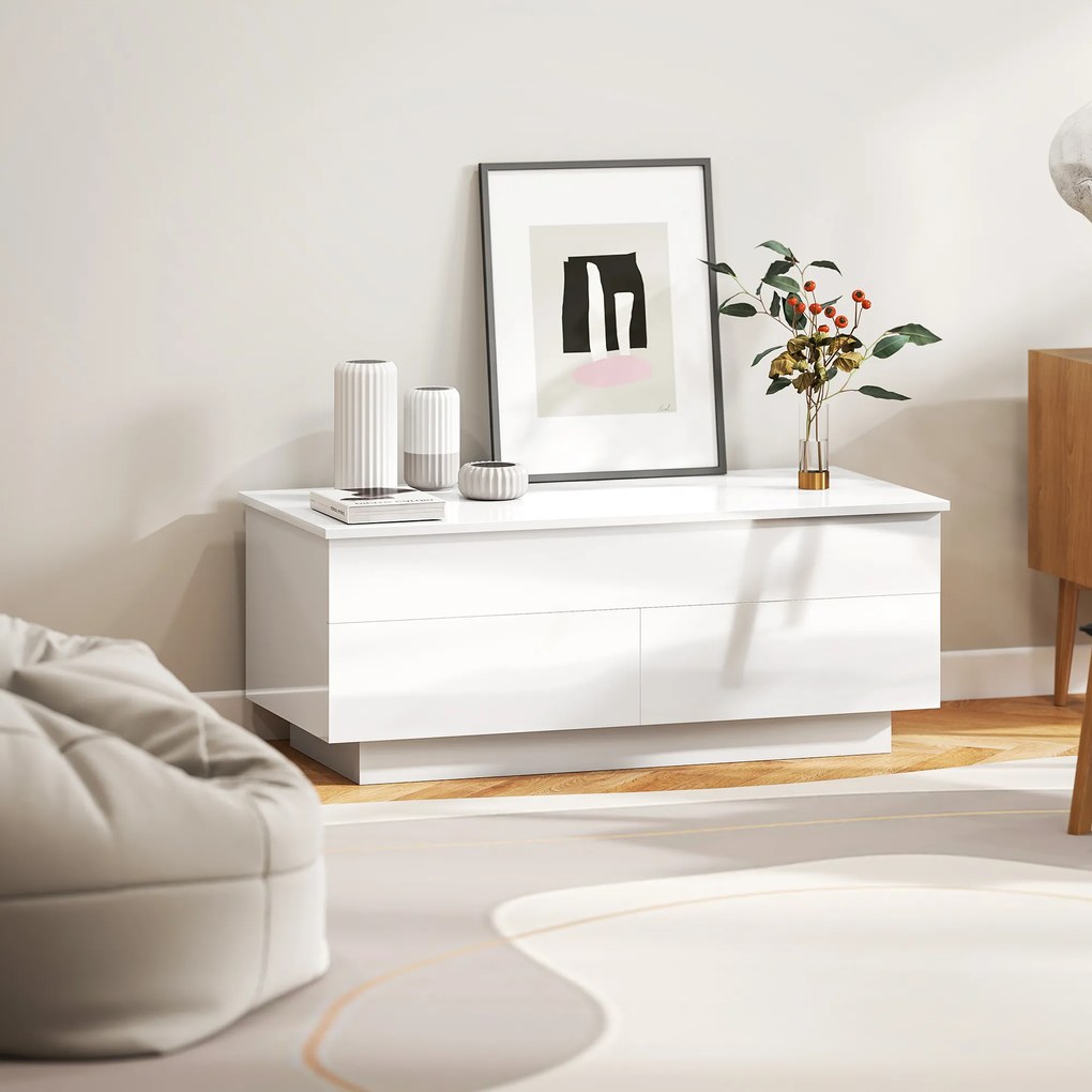 HOMCOM Masă de cafea reglabilă pe înălțime, masă modernă de living cu spațiu ascuns și 2 sertare, Alb lucios | Aosom Romania