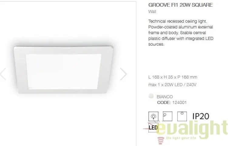 Spot incastrabil pt. tavan fals cu LED integrat GROOVE FI1 20W SQUARE 124001