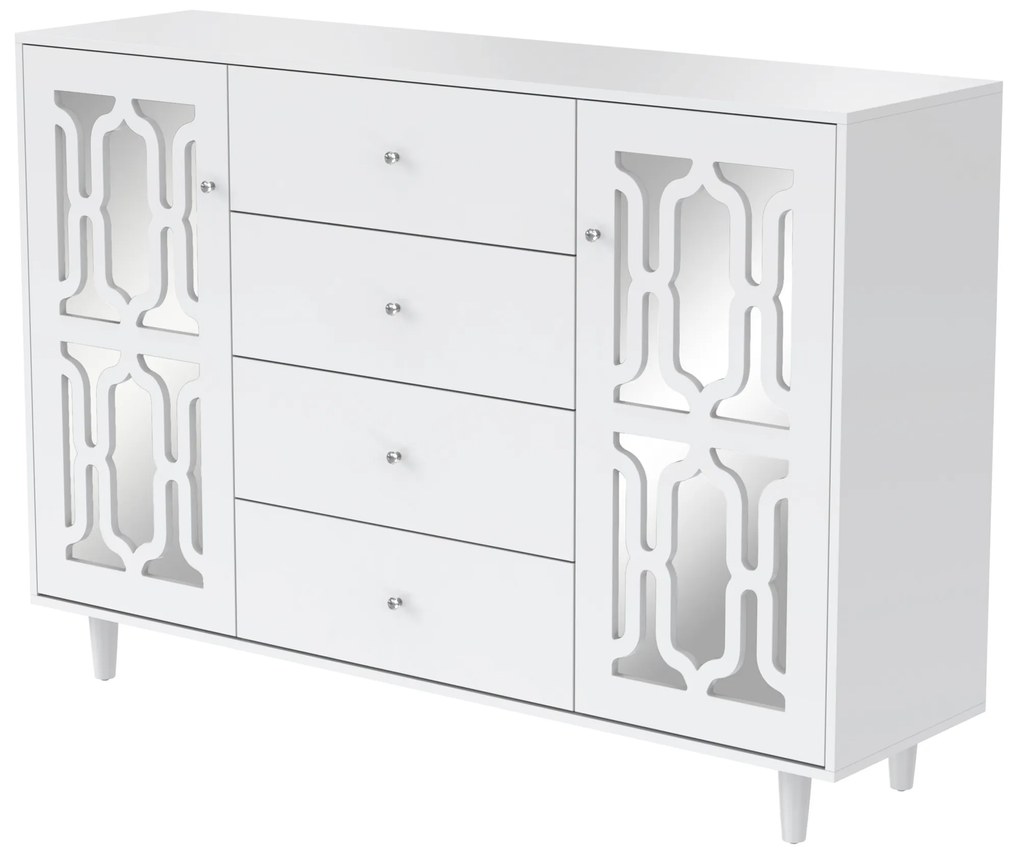 Comodă albă cu oglindă și mânere din cristal, culoare albă | Aosom România