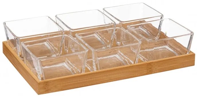 Set servire aperitiv Elke, sticla, bambus, 28.5 x 5.5 x H 19.5 cm