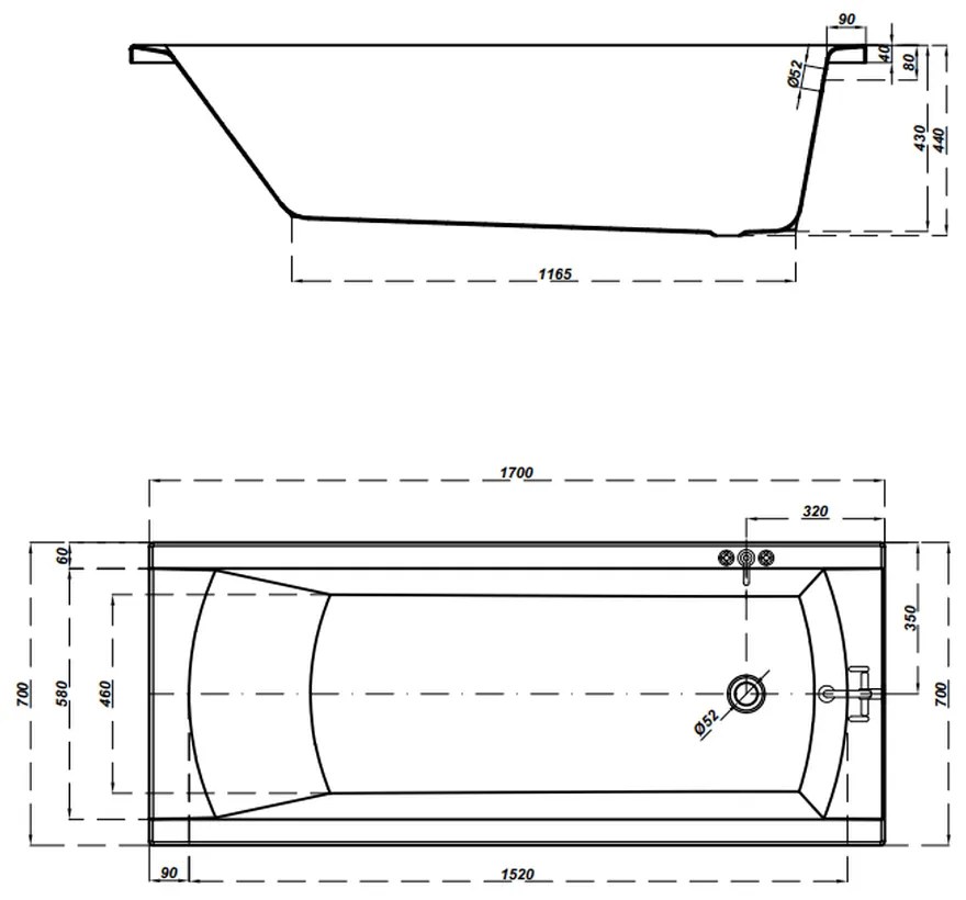 Cada baie incastrata Cersanit Korat, 170 x 70 cm, dreptunghiulara, alb lucios 1700x700 mm